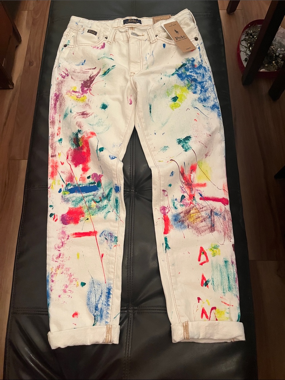Ralph Lauren White Denim Jeans with Multicolor Paint Accents